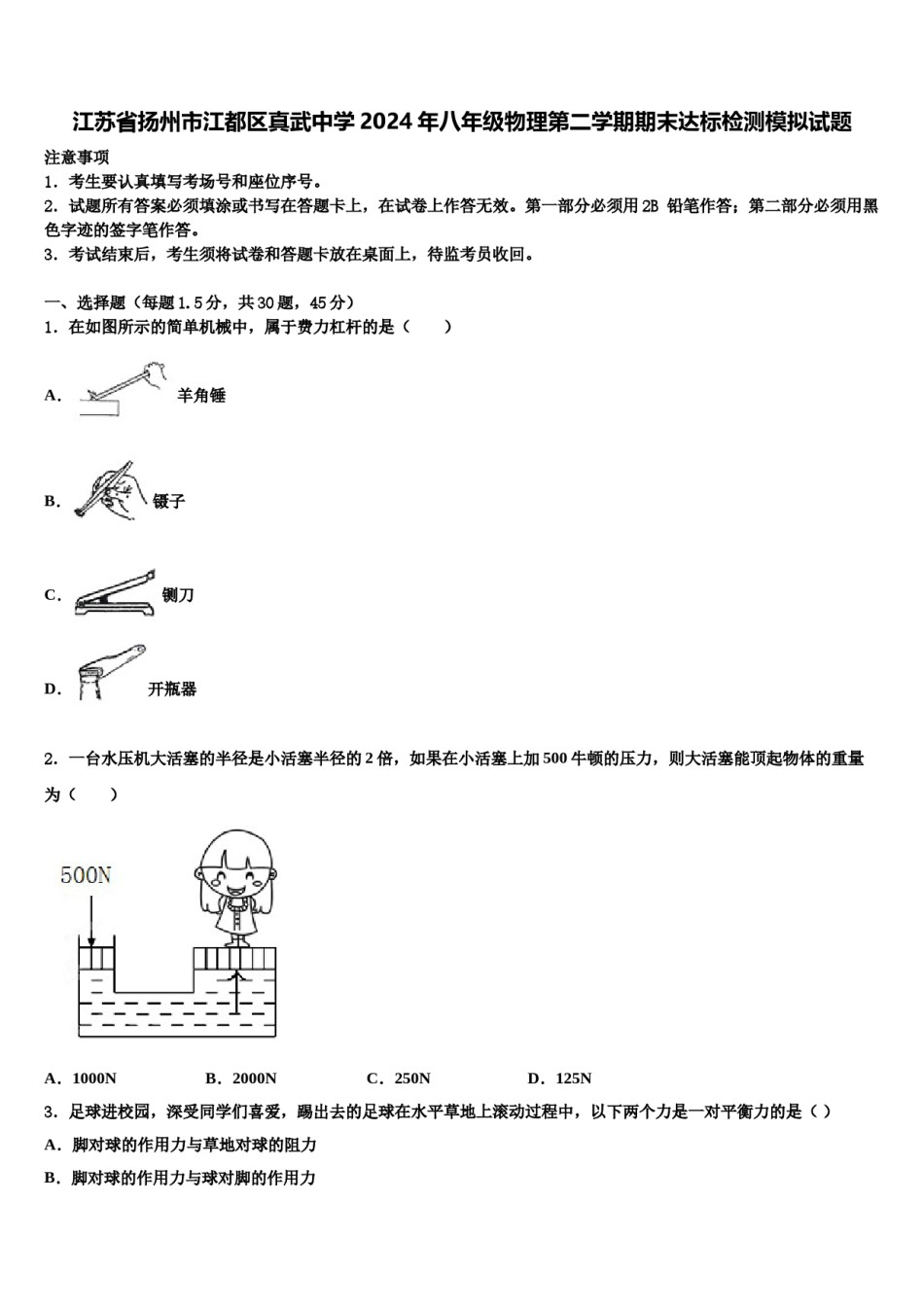 江苏省扬州市江都区真武中学2024年八年级物理第二学期期末达标检测模拟试题含解析.doc_第1页