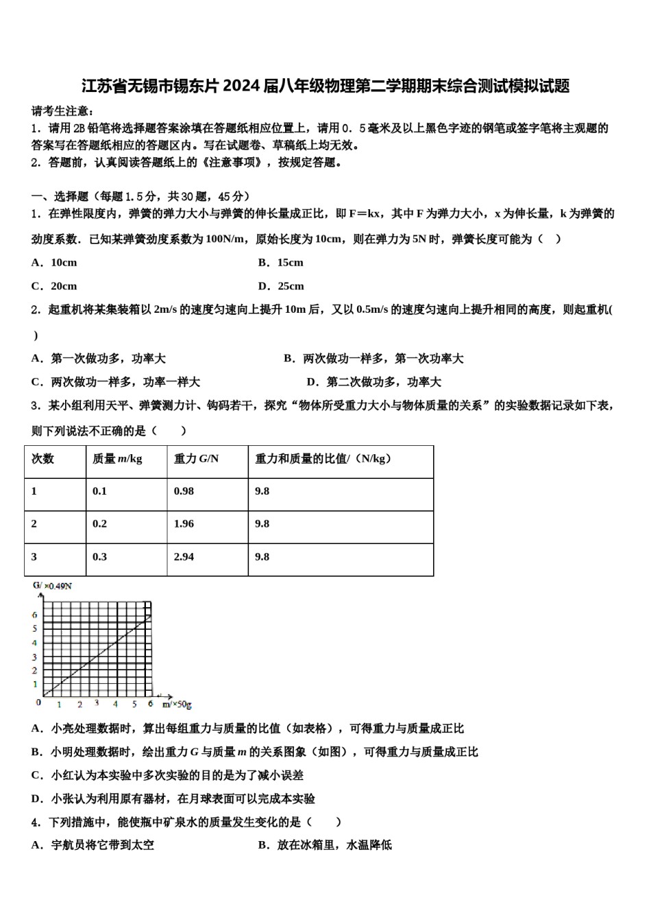 江苏省无锡市锡东片2024届八年级物理第二学期期末综合测试模拟试题含解析.doc_第1页