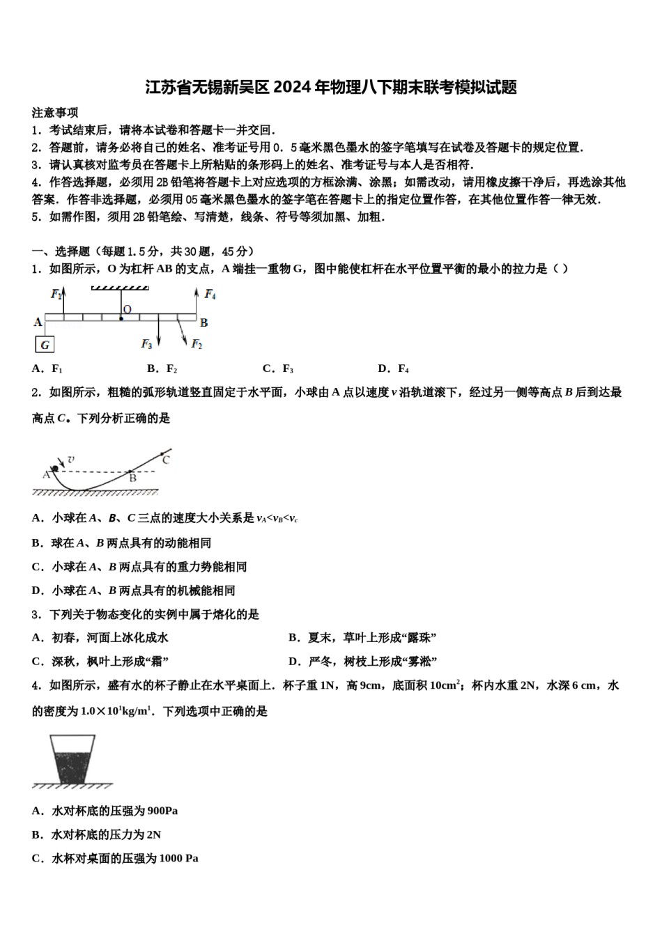 江苏省无锡新吴区2024年物理八下期末联考模拟试题含解析.doc_第1页