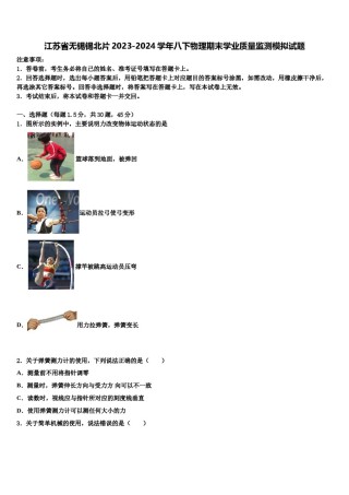 江苏省无锡锡北片2023-2024学年八下物理期末学业质量监测模拟试题含解析.doc