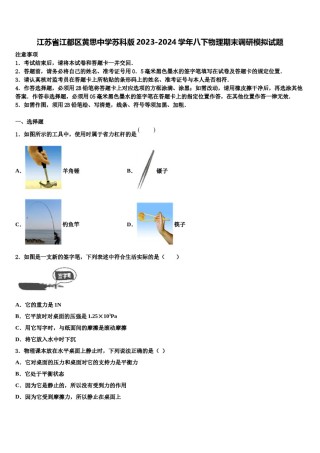 江苏省江都区黄思中学苏科版2023-2024学年八下物理期末调研模拟试题含解析.doc