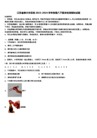 江苏省泰兴市实验2023-2024学年物理八下期末检测模拟试题含解析.doc