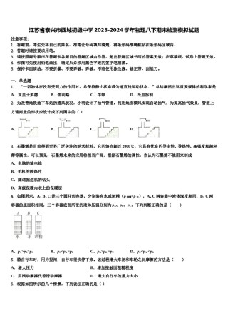 江苏省泰兴市西城初级中学2023-2024学年物理八下期末检测模拟试题含解析.doc