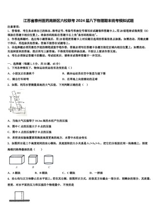 江苏省泰州医药高新区六校联考2024届八下物理期末统考模拟试题含解析.doc