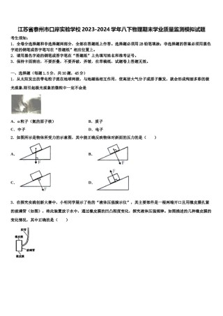 江苏省泰州市口岸实验学校2023-2024学年八下物理期末学业质量监测模拟试题含解析.doc