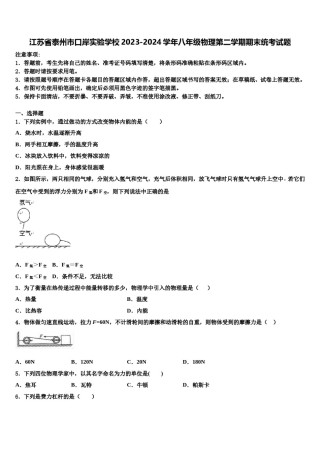 江苏省泰州市口岸实验学校2023-2024学年八年级物理第二学期期末统考试题含解析.doc