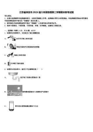 江苏省淮安市2024届八年级物理第二学期期末联考试题含解析.doc