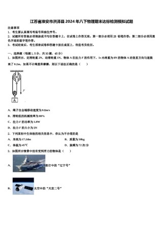 江苏省淮安市洪泽县2024年八下物理期末达标检测模拟试题含解析.doc