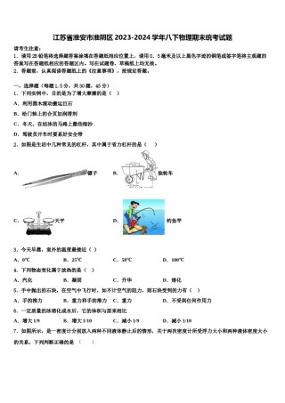 江苏省淮安市淮阴区2023-2024学年八下物理期末统考试题含解析.doc