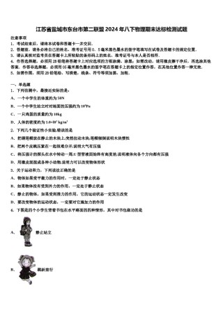 江苏省盐城市东台市第二联盟2024年八下物理期末达标检测试题含解析.doc