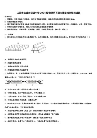 江苏省盐城市初级中学2024届物理八下期末质量检测模拟试题含解析.doc