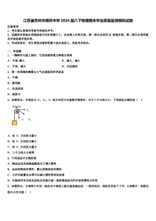 江苏省苏州市南环中学2024届八下物理期末学业质量监测模拟试题含解析.doc