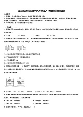 江苏省苏州市实验中学2024届八下物理期末预测试题含解析.doc