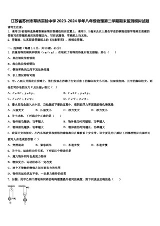 江苏省苏州市草桥实验中学2023-2024学年八年级物理第二学期期末监测模拟试题含解析.doc
