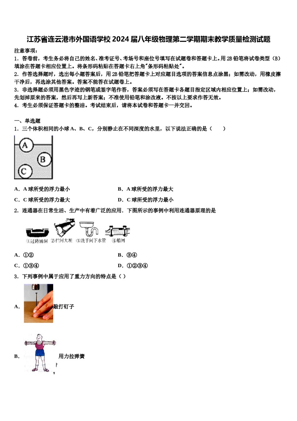 江苏省连云港市外国语学校2024届八年级物理第二学期期末教学质量检测试题含解析.doc_第1页