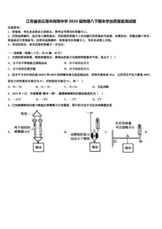 江苏省连云港市岗埠中学2024届物理八下期末学业质量监测试题含解析.doc