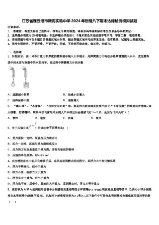 江苏省连云港市新海实验中学2024年物理八下期末达标检测模拟试题含解析.doc
