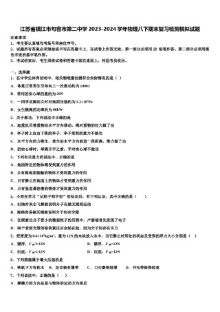 江苏省镇江市句容市第二中学2023-2024学年物理八下期末复习检测模拟试题含解析.doc