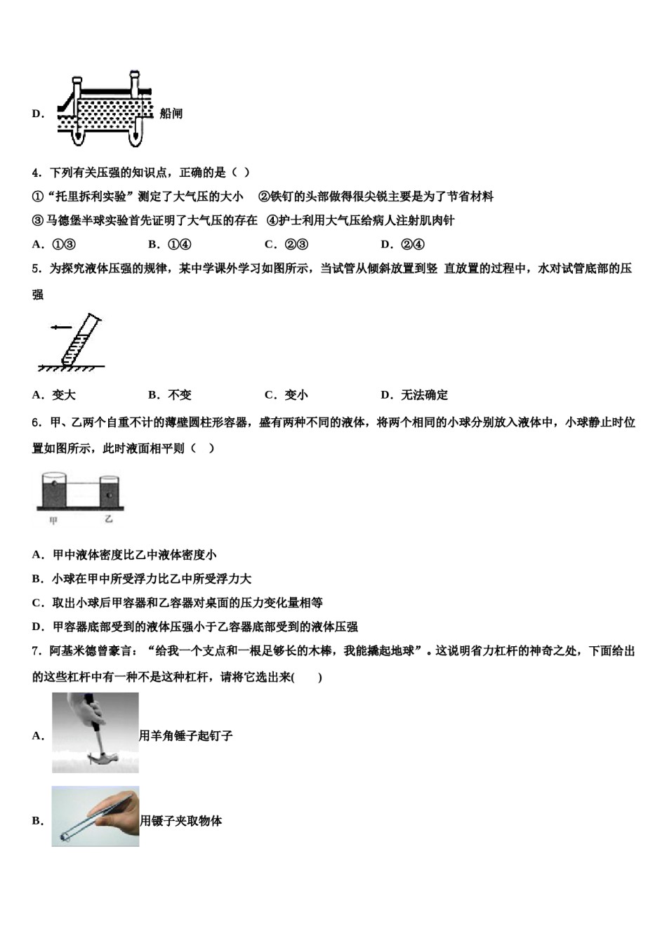 江苏省镇江新区大港中学2024届物理八下期末质量检测模拟试题含解析.doc_第2页