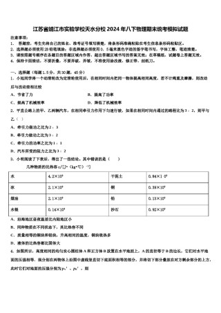 江苏省靖江市实验学校天水分校2024年八下物理期末统考模拟试题含解析.doc