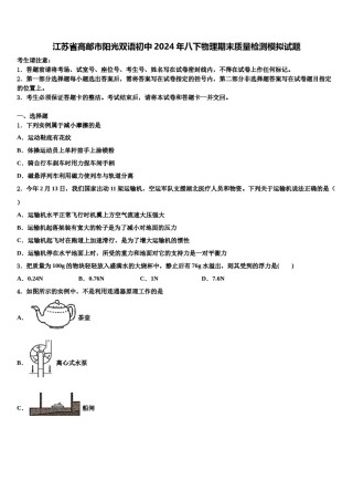 江苏省高邮市阳光双语初中2024年八下物理期末质量检测模拟试题含解析.doc