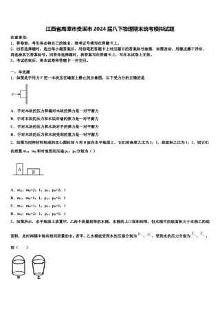 江西省鹰潭市贵溪市2024届八下物理期末统考模拟试题含解析.doc
