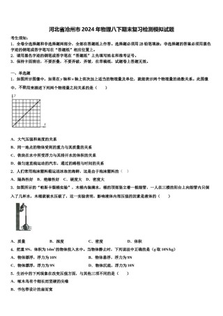 河北省沧州市2024年物理八下期末复习检测模拟试题含解析.doc