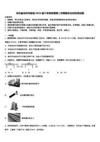 河北省沧州市献县2024届八年级物理第二学期期末达标检测试题含解析.doc
