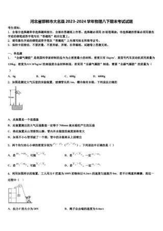 河北省邯郸市大名县2023-2024学年物理八下期末考试试题含解析.doc