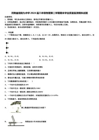 河南省信阳九中学2024届八年级物理第二学期期末学业质量监测模拟试题含解析.doc