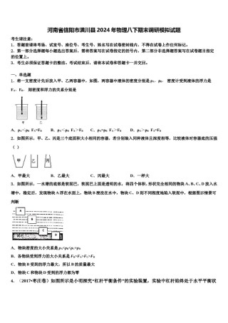 河南省信阳市潢川县2024年物理八下期末调研模拟试题含解析.doc