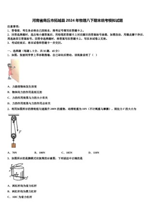 河南省商丘市拓城县2024年物理八下期末统考模拟试题含解析.doc