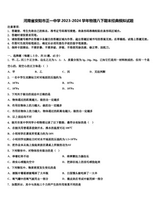 河南省安阳市正一中学2023-2024学年物理八下期末经典模拟试题含解析.doc