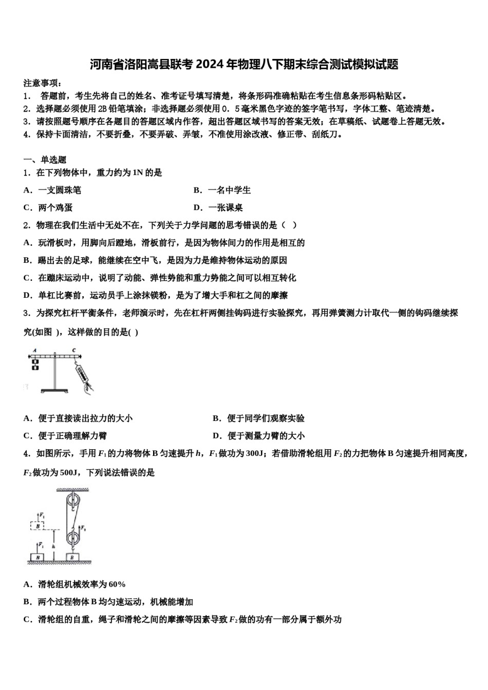 河南省洛阳嵩县联考2024年物理八下期末综合测试模拟试题含解析.doc_第1页
