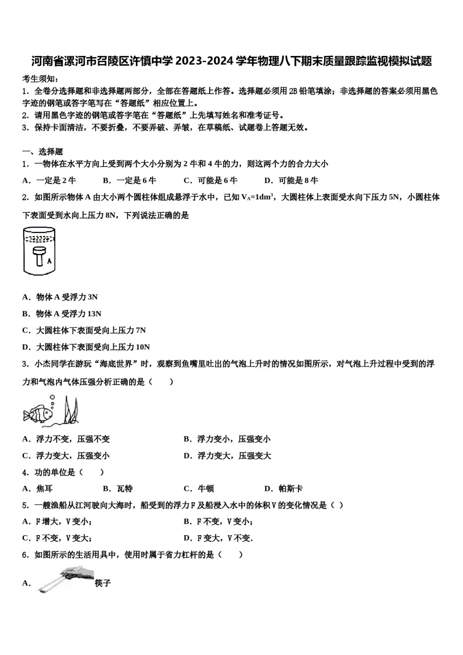 河南省漯河市召陵区许慎中学2023-2024学年物理八下期末质量跟踪监视模拟试题含解析.doc_第1页