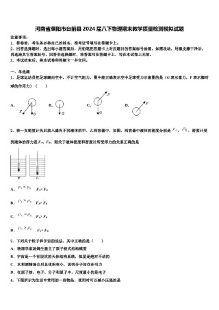 河南省濮阳市台前县2024届八下物理期末教学质量检测模拟试题含解析.doc