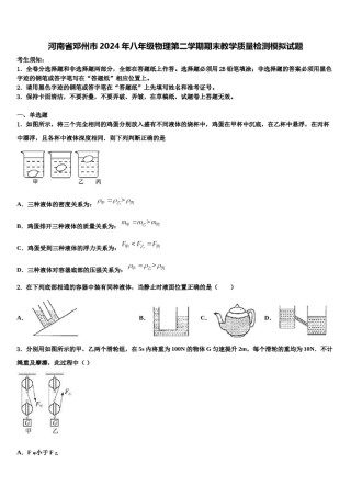 河南省邓州市2024年八年级物理第二学期期末教学质量检测模拟试题含解析.doc