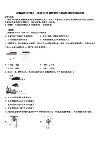 河南省郑州市第十一中学2024届物理八下期末复习检测模拟试题含解析.doc