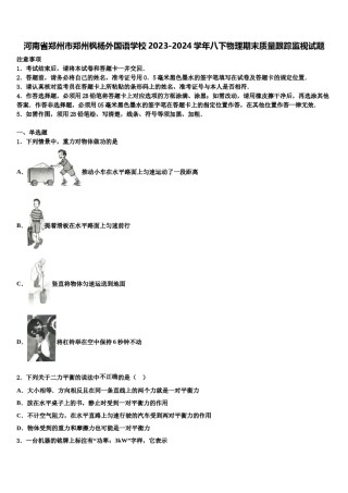 河南省郑州市郑州枫杨外国语学校2023-2024学年八下物理期末质量跟踪监视试题含解析.doc