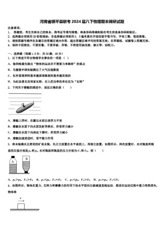 河南省镇平县联考2024届八下物理期末调研试题含解析.doc