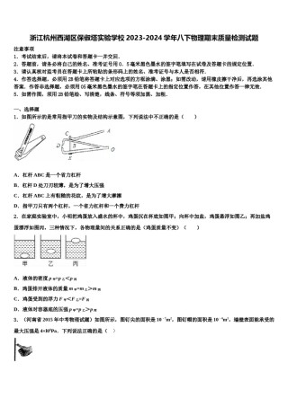 浙江杭州西湖区保俶塔实验学校2023-2024学年八下物理期末质量检测试题含解析.doc