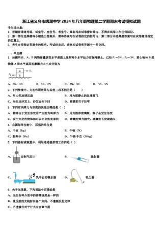浙江省义乌市绣湖中学2024年八年级物理第二学期期末考试模拟试题含解析.doc