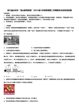浙江省台州市“海山教育联盟”2024届八年级物理第二学期期末达标检测试题含解析.doc