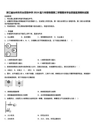 浙江省台州市天台实验中学2024届八年级物理第二学期期末学业质量监测模拟试题含解析.doc
