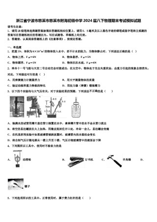 浙江省宁波市慈溪市慈溪市附海初级中学2024届八下物理期末考试模拟试题含解析.doc