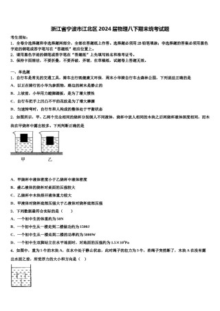 浙江省宁波市江北区2024届物理八下期末统考试题含解析.doc