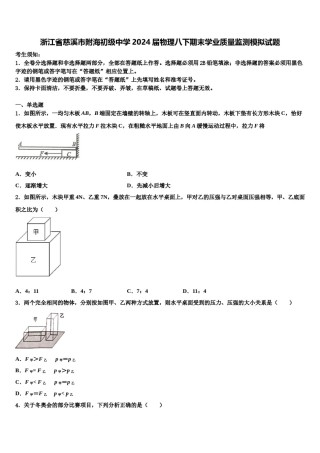 浙江省慈溪市附海初级中学2024届物理八下期末学业质量监测模拟试题含解析.doc