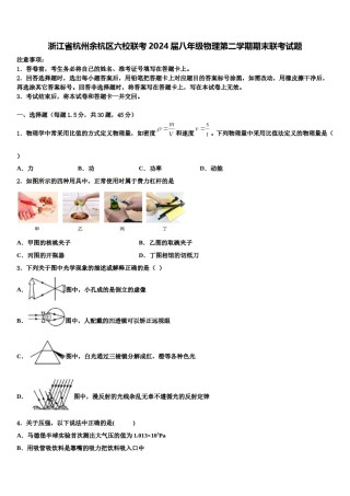 浙江省杭州余杭区六校联考2024届八年级物理第二学期期末联考试题含解析.doc