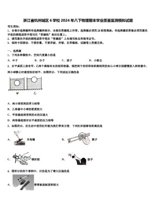浙江省杭州城区6学校2024年八下物理期末学业质量监测模拟试题含解析.doc