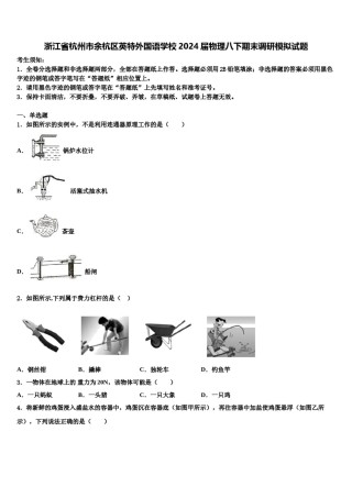浙江省杭州市余杭区英特外国语学校2024届物理八下期末调研模拟试题含解析.doc